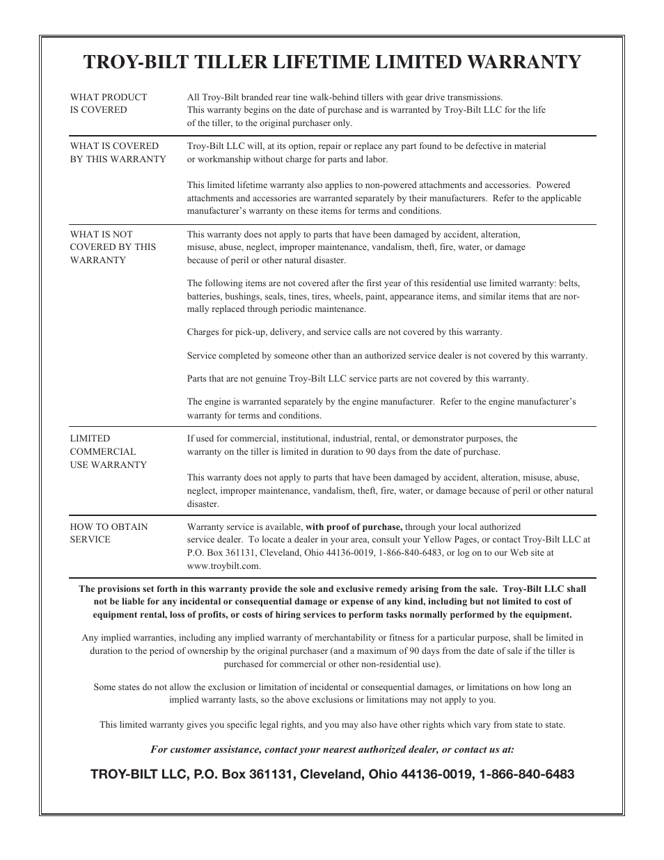 Troy-bilt tiller lifetime limited warranty | Troy-Bilt 675B--Pony User Manual | Page 36 / 36