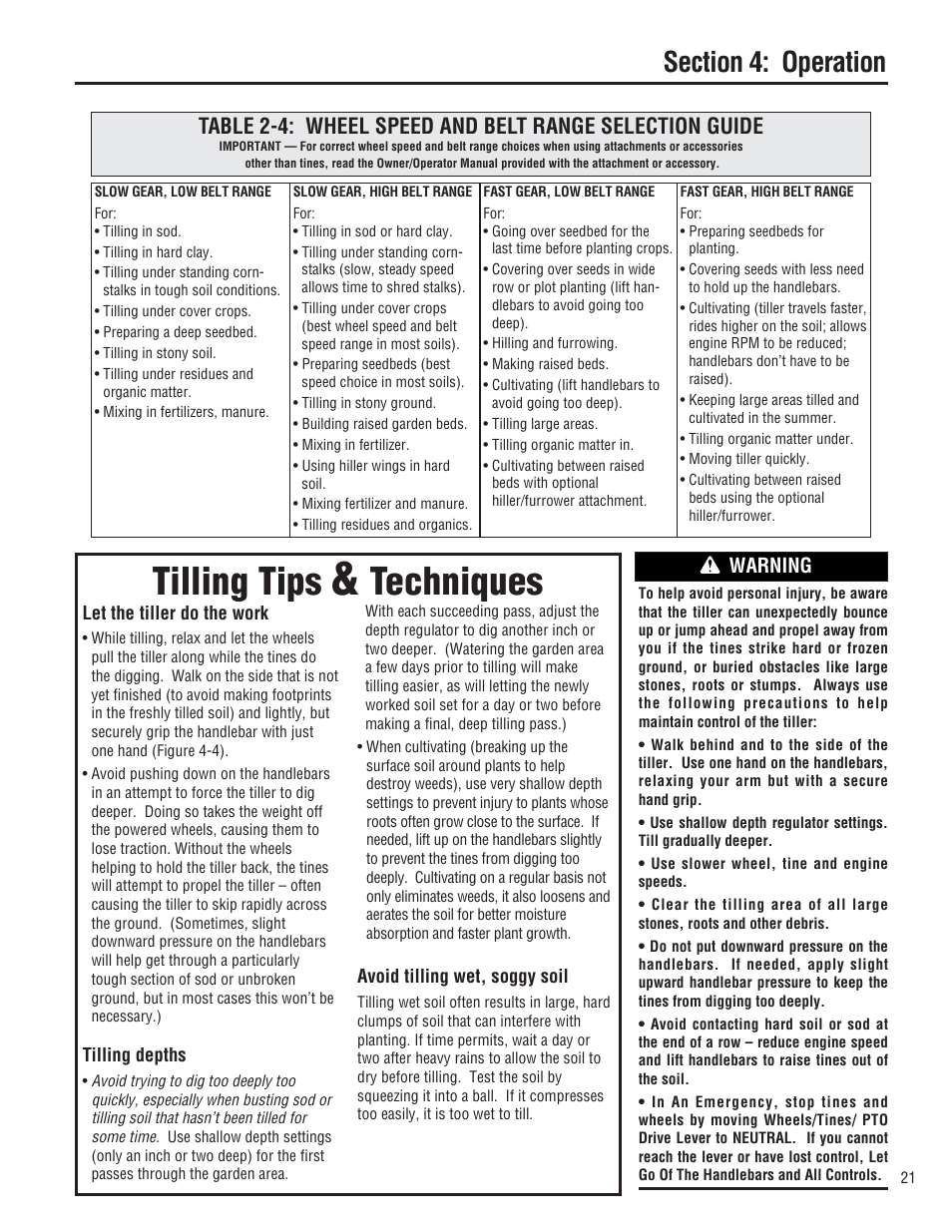 Tilling tips, Techniques, Warning | Troy-Bilt 682J  EN User Manual | Page 21 / 45