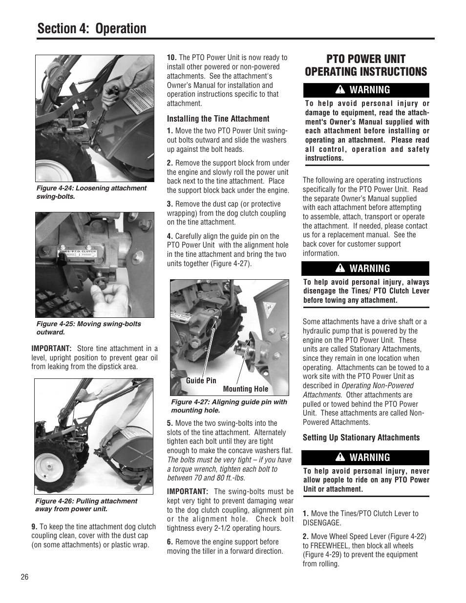 Pto power unit operating instructions, Warning | Troy-Bilt 682J  EN User Manual | Page 26 / 45