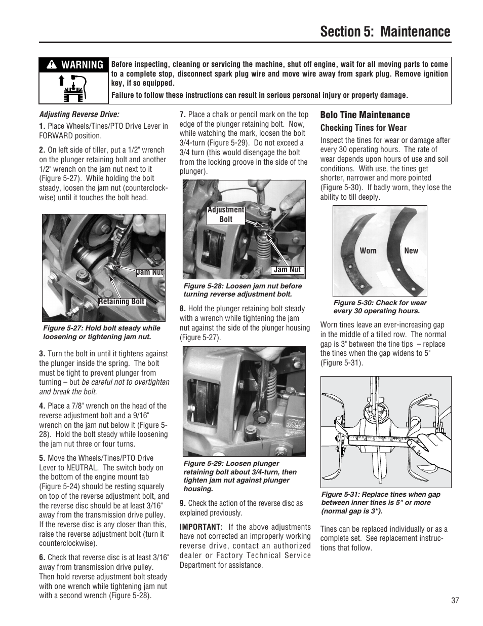 Warning, Bolo tine maintenance, Checking tines for wear | Troy-Bilt 682J  EN User Manual | Page 37 / 45