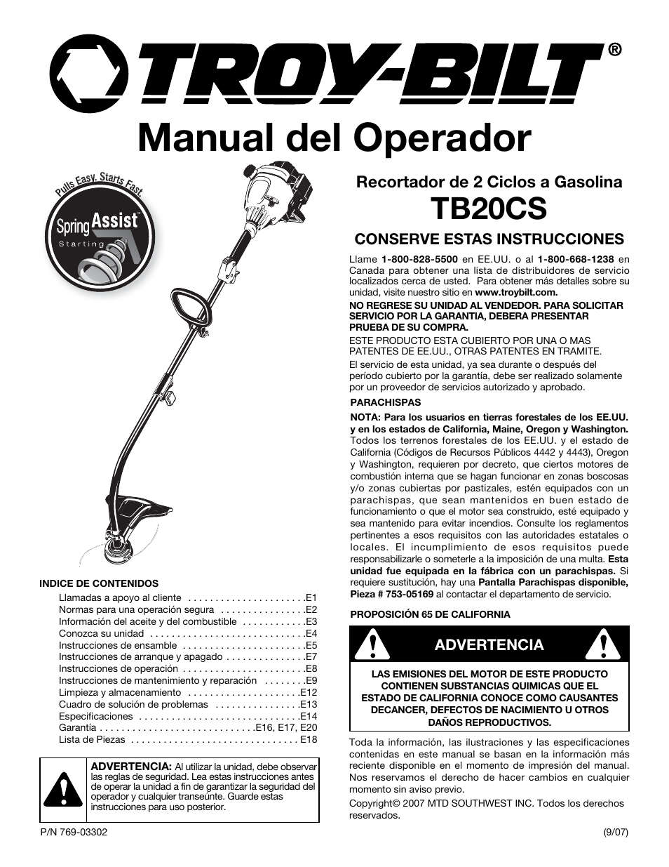 Manual del operador, Tb20cs, Recortador de 2 ciclos a gasolina | Conserve estas instrucciones, Advertencia | Troy-Bilt TB20CS User Manual | Page 37 / 56