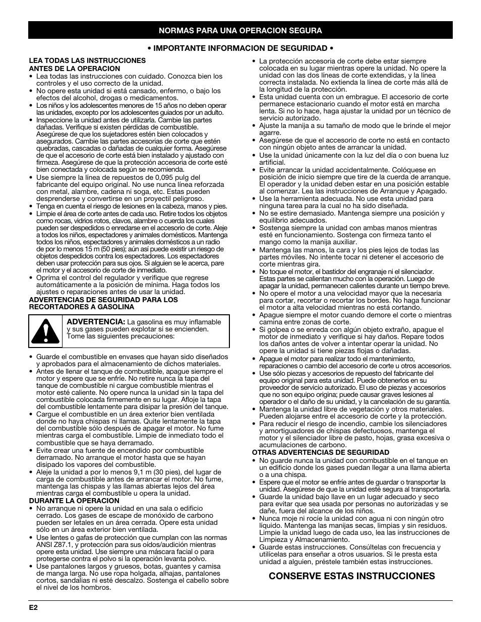 Conserve estas instrucciones | Troy-Bilt TB20CS User Manual | Page 38 / 56