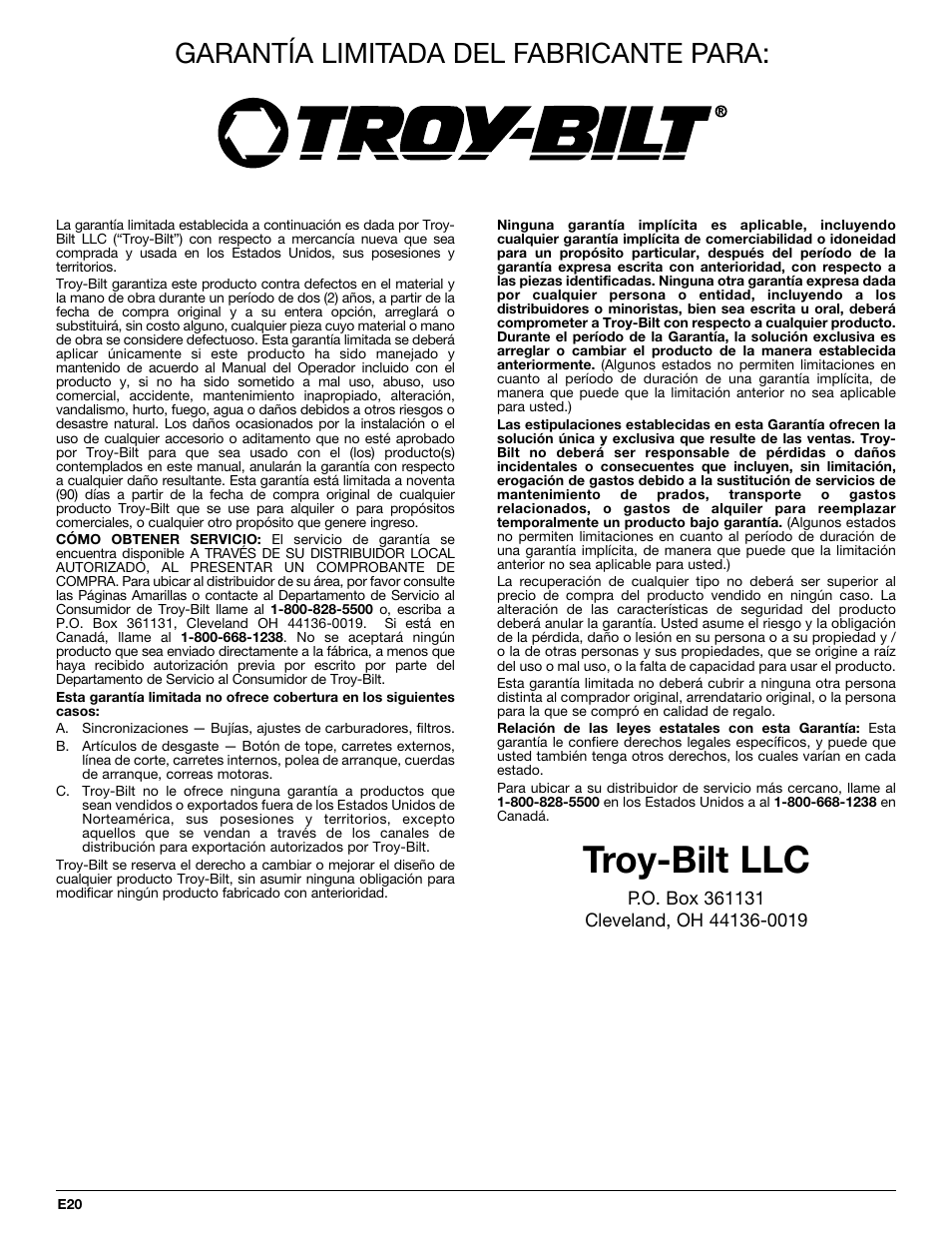 Troy-bilt llc, Garantía limitada del fabricante para | Troy-Bilt TB20CS User Manual | Page 56 / 56