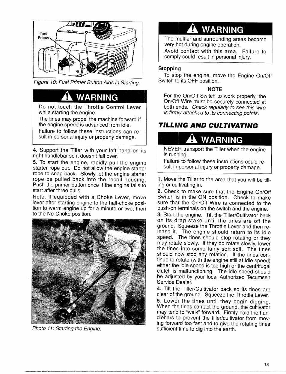 A warning, Tilling and cultivating | Troy-Bilt 12001 User Manual | Page 13 / 24