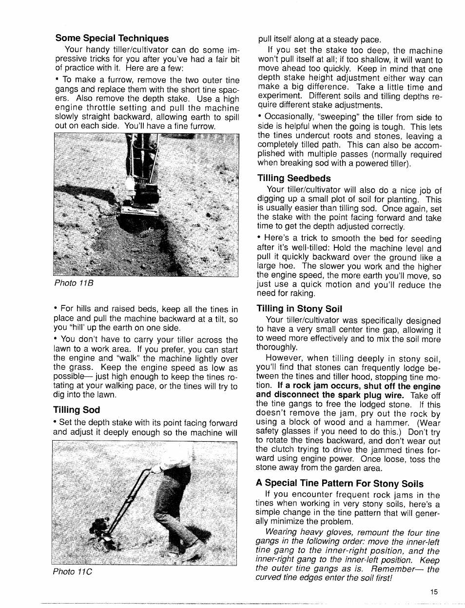 Some special techniques, Tilling sod, Tilling seedbeds | Tilling in stony soil, A special tine pattern for stony soils | Troy-Bilt 12001 User Manual | Page 15 / 24