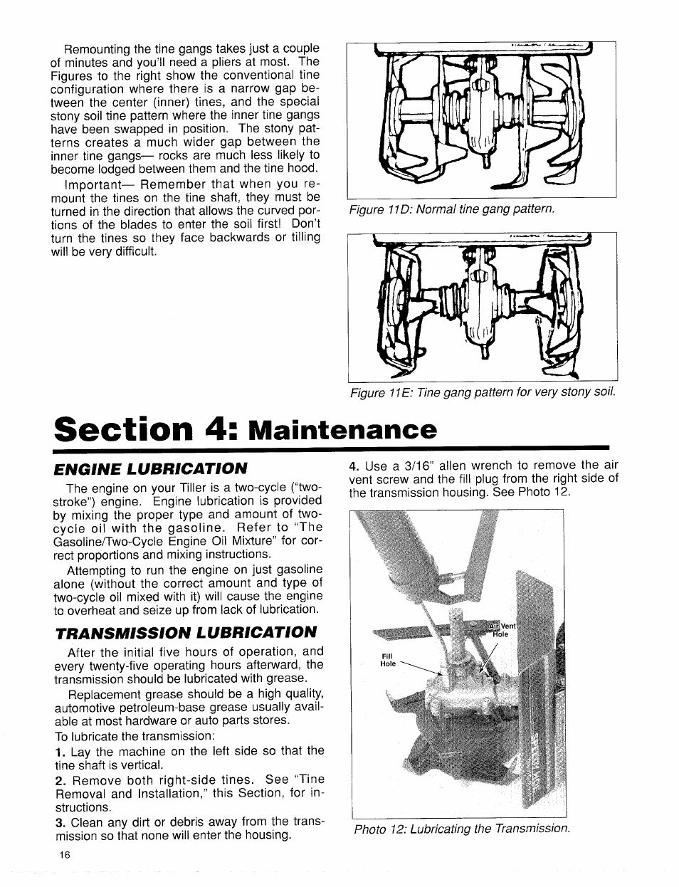 Engine lubrication, Transmission lubrication, Maintenance | Troy-Bilt 12001 User Manual | Page 16 / 24