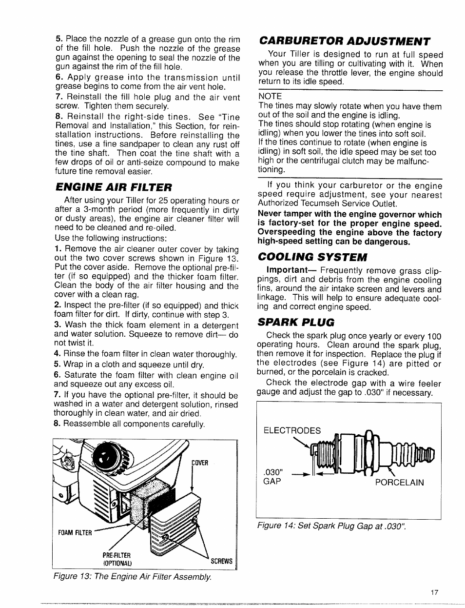 Engine air filter, Carburetor adjustment, Cooling system | Spark plug | Troy-Bilt 12001 User Manual | Page 17 / 24