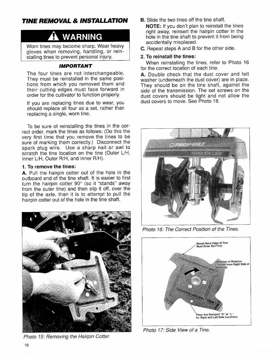 Tine removal & installation, A warning, Tine removal and installation | Warning | Troy-Bilt 12001 User Manual | Page 18 / 24
