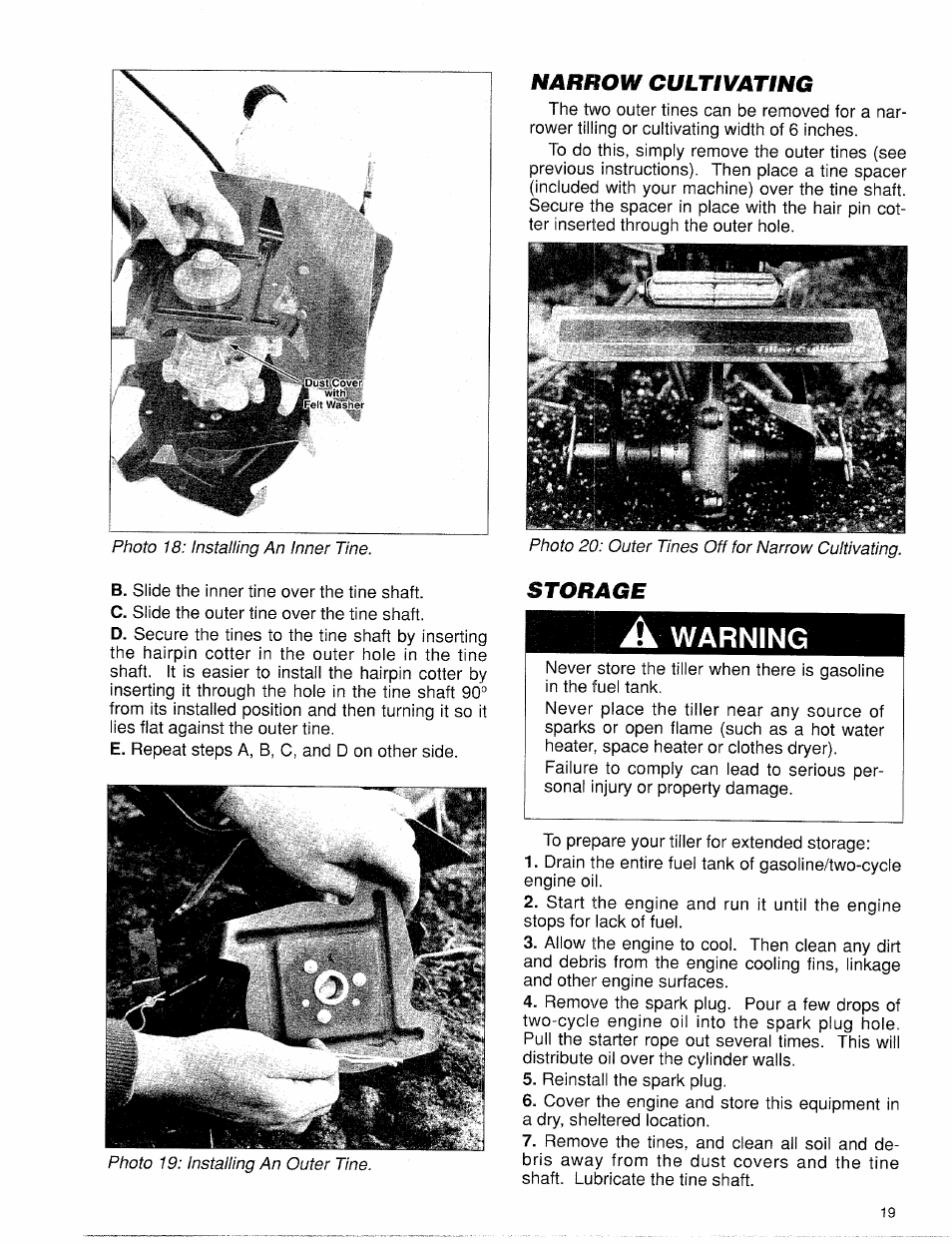 Narrow cultivating, Storage, A warning | Warning | Troy-Bilt 12001 User Manual | Page 19 / 24