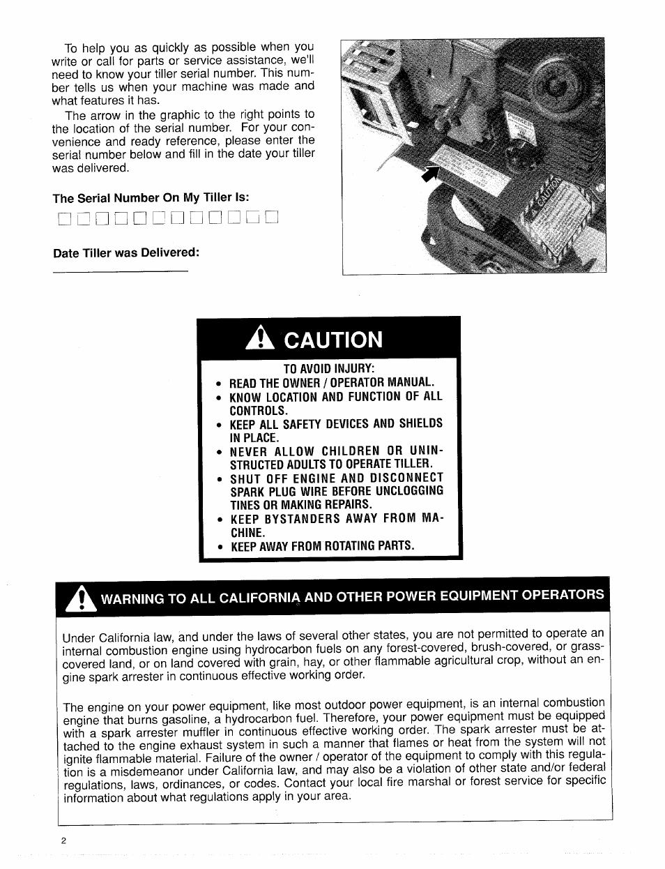 Caution | Troy-Bilt 12001 User Manual | Page 2 / 24