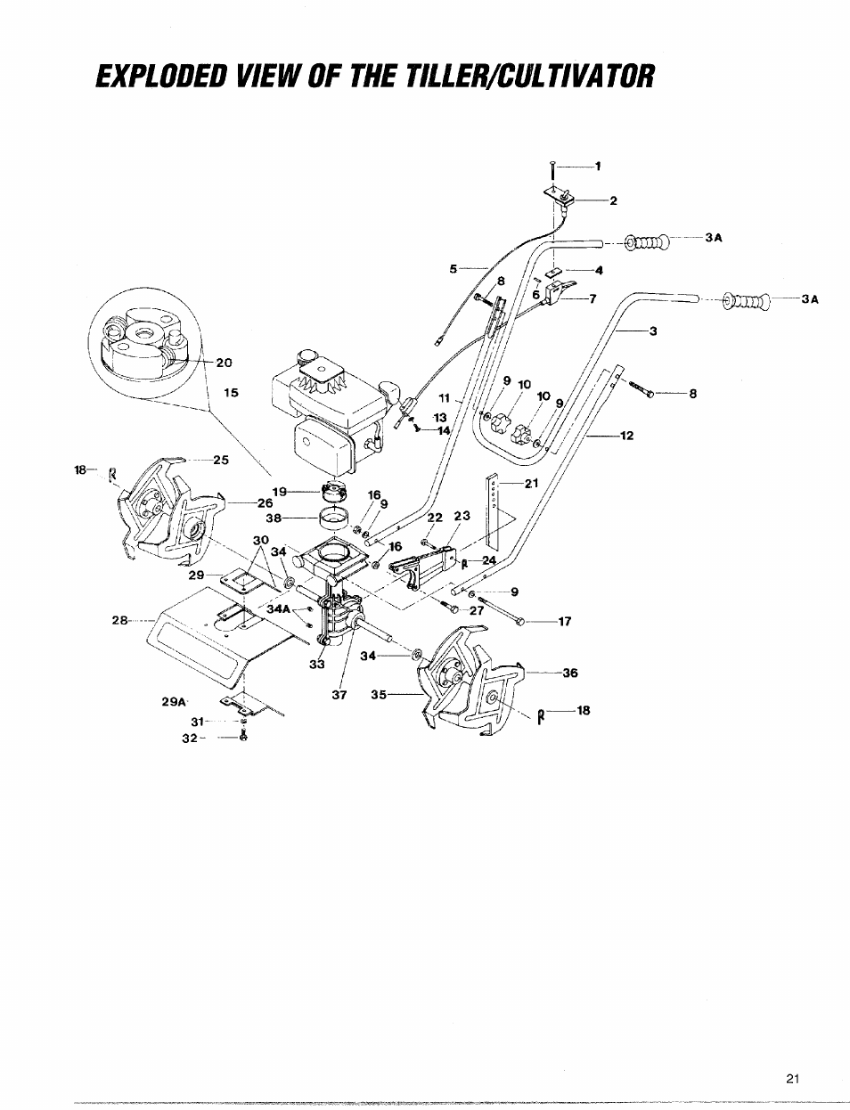 Exploded view of the tiller/cultivator | Troy-Bilt 12001 User Manual | Page 21 / 24