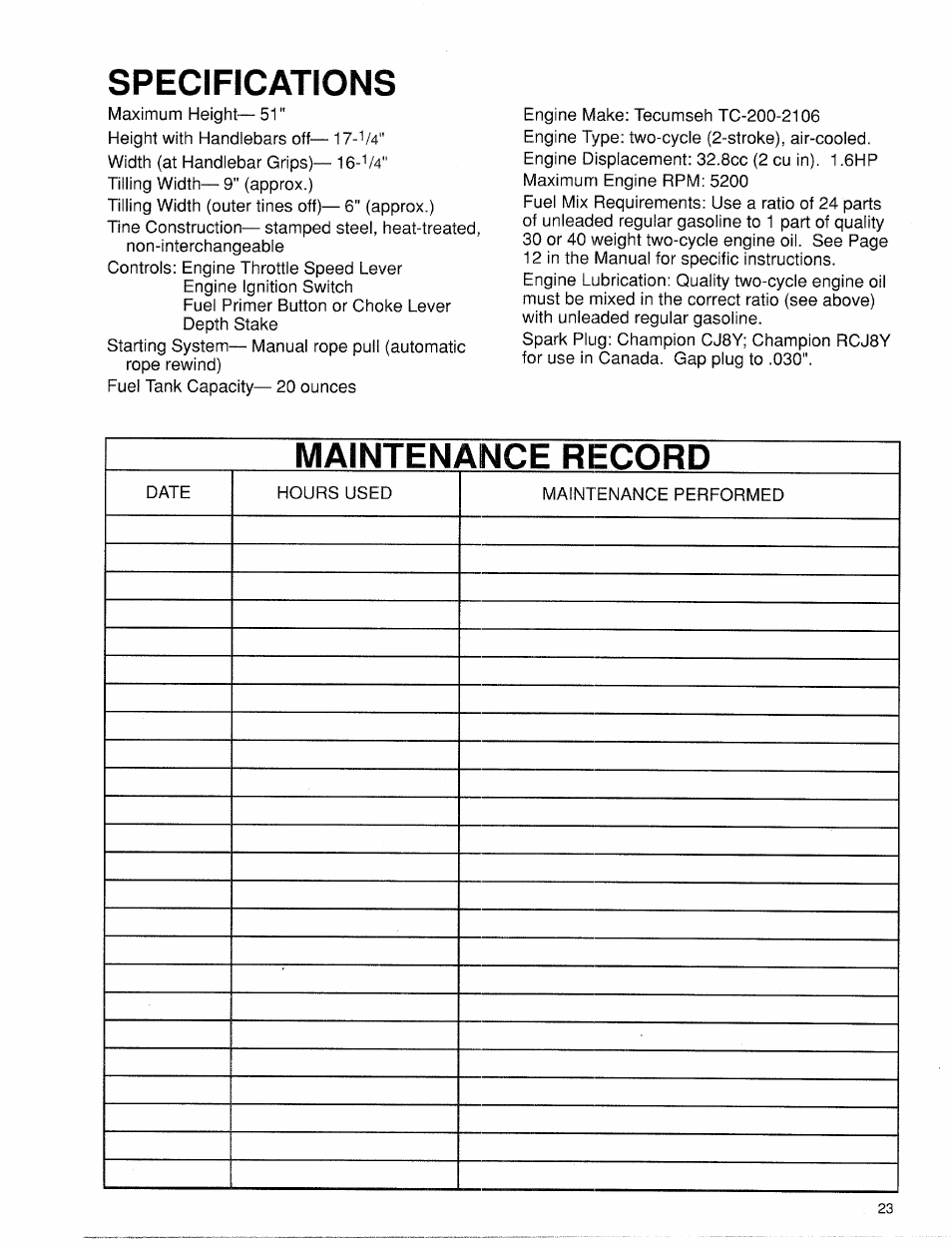 Specifications, Maintenance record | Troy-Bilt 12001 User Manual | Page 23 / 24