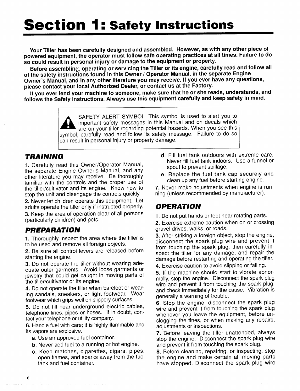 Training, Preparation, Operation | Safety instructions | Troy-Bilt 12001 User Manual | Page 6 / 24