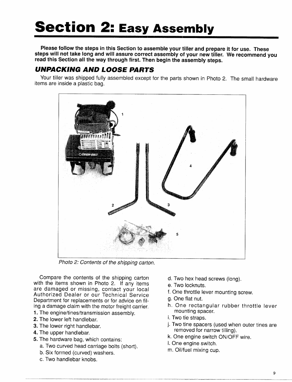 Unpacking and loose parts, Easy assembly | Troy-Bilt 12001 User Manual | Page 9 / 24