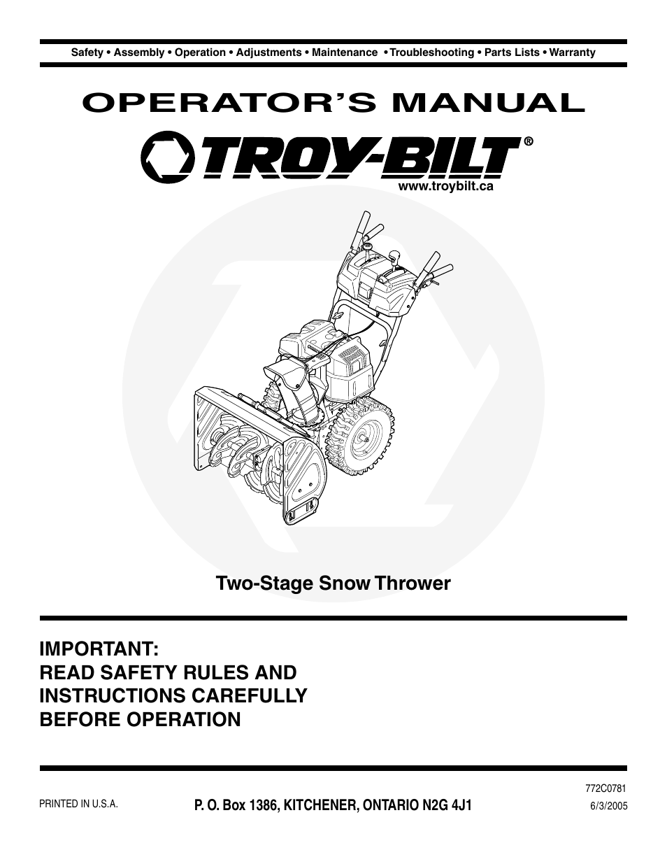 Troy-Bilt Two-Stage Snow Thrower User Manual | 52 pages