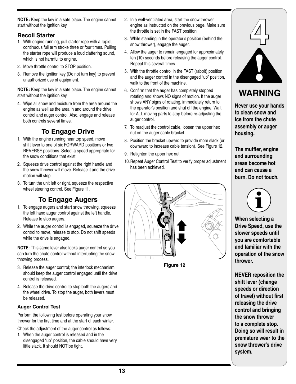 Warning | Troy-Bilt Two-Stage Snow Thrower User Manual | Page 13 / 52