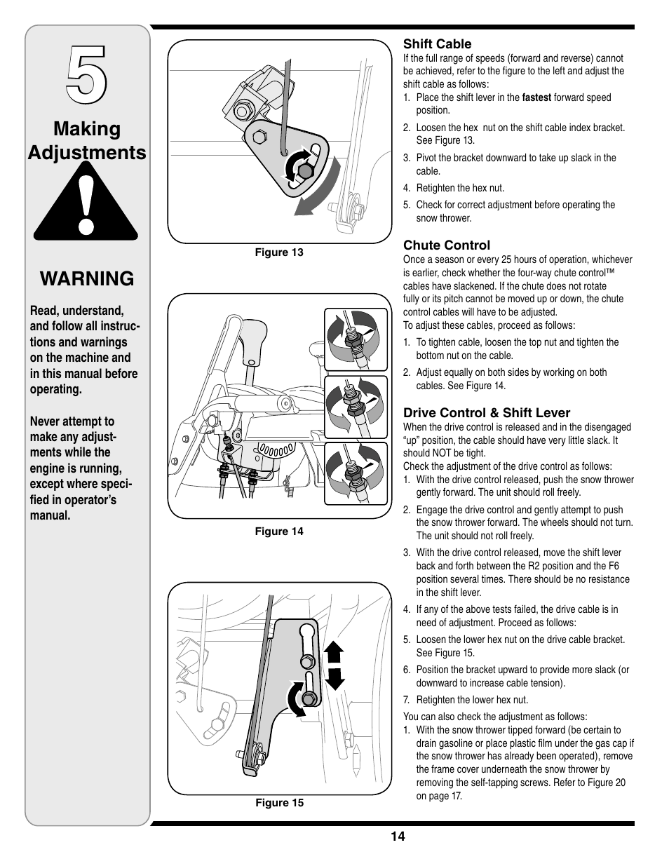 Making adjustments, Warning | Troy-Bilt Two-Stage Snow Thrower User Manual | Page 14 / 52