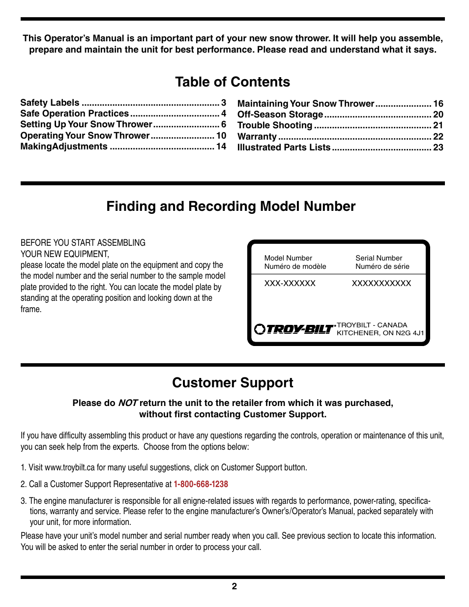 Troy-Bilt Two-Stage Snow Thrower User Manual | Page 2 / 52