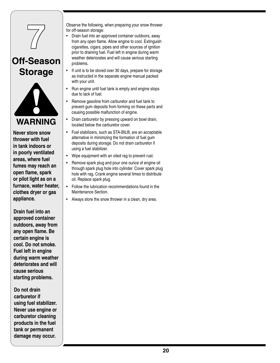 Off-season storage, Warning | Troy-Bilt Two-Stage Snow Thrower User Manual | Page 20 / 52