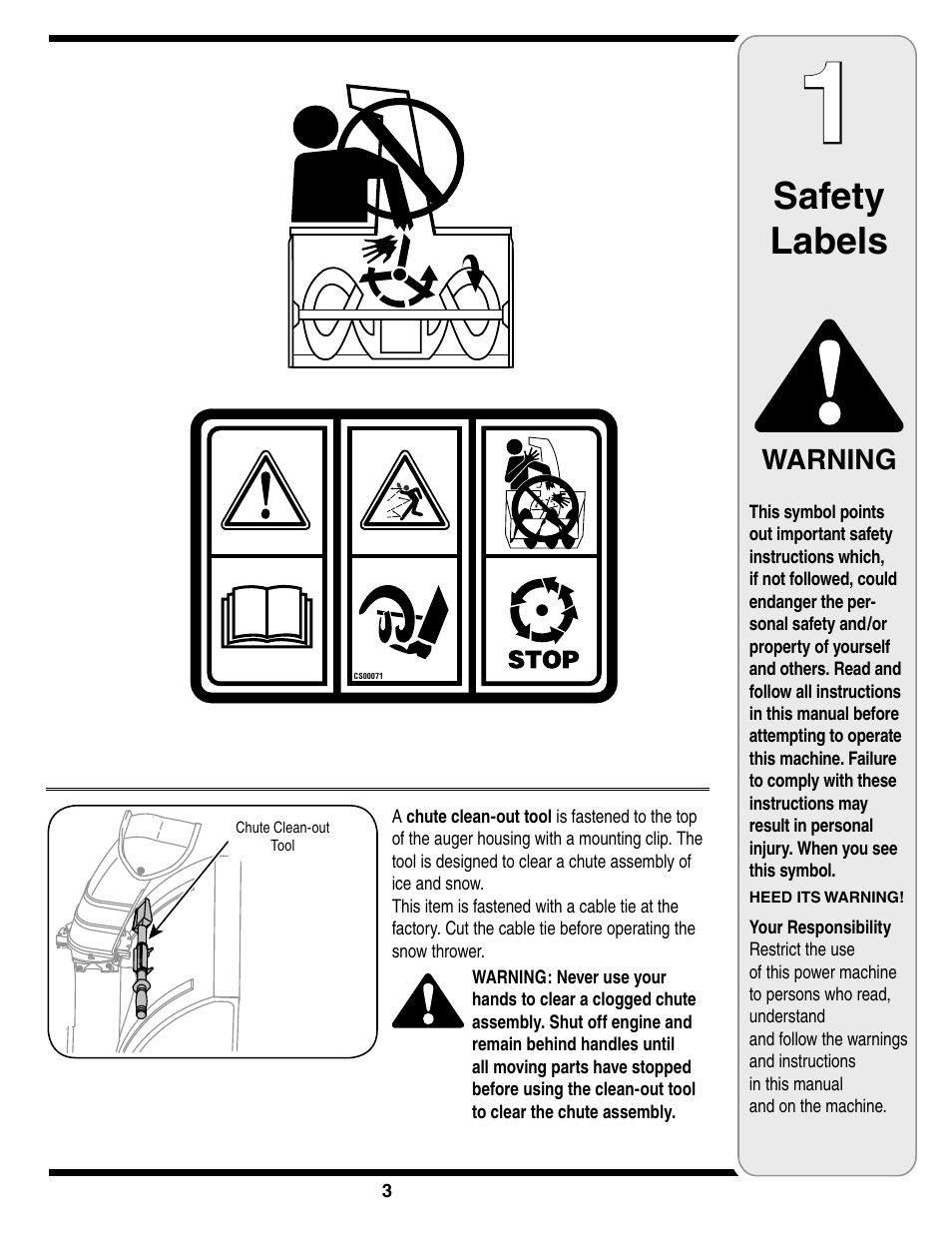 Safety labels | Troy-Bilt Two-Stage Snow Thrower User Manual | Page 3 / 52