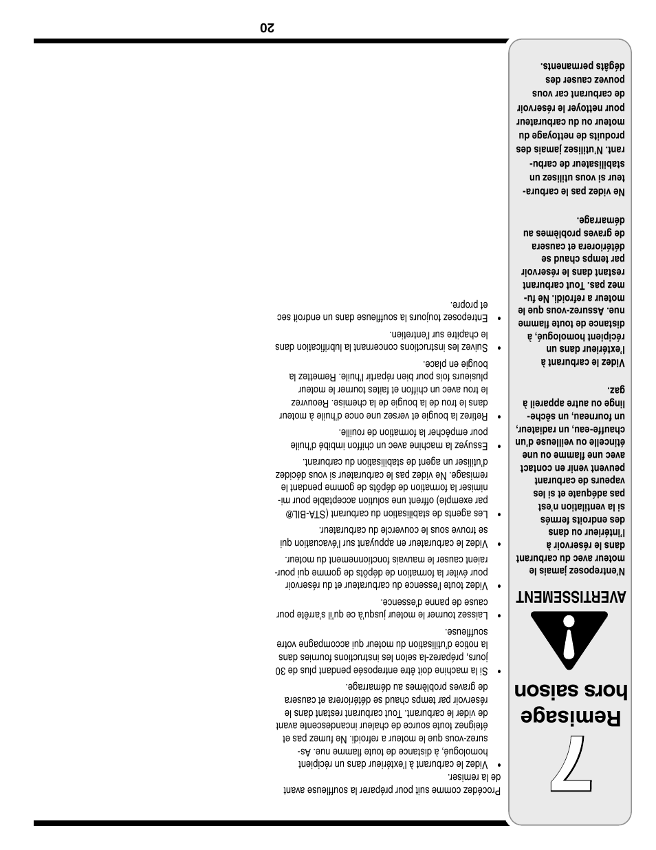 Remisag e hor s s ais on, Aver tissement | Troy-Bilt Two-Stage Snow Thrower User Manual | Page 33 / 52