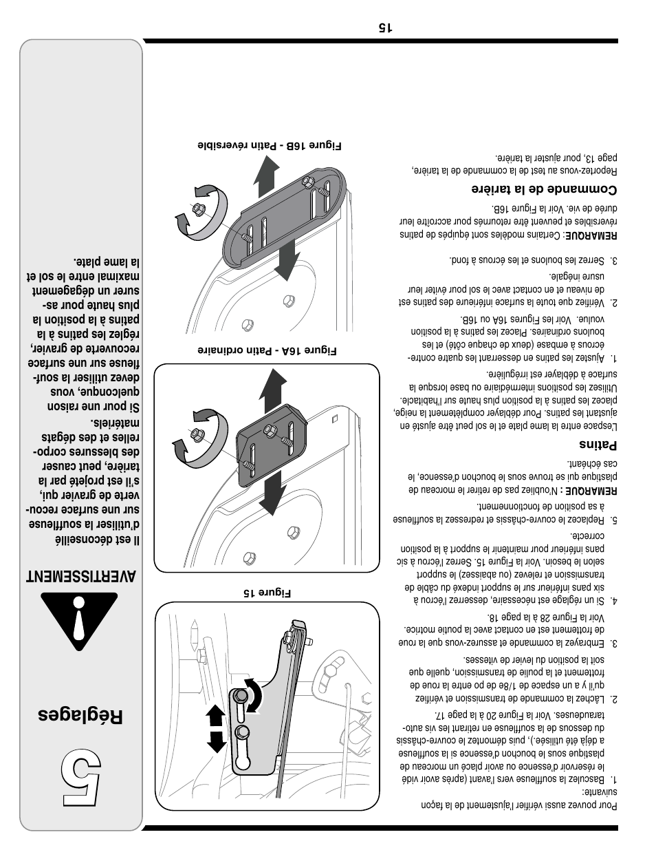 Réglag es, Aver tissement | Troy-Bilt Two-Stage Snow Thrower User Manual | Page 38 / 52