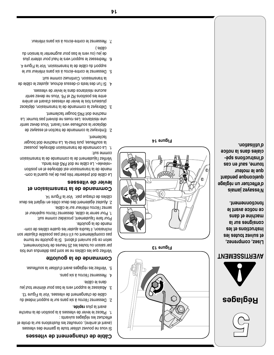 Réglag es, Aver tissement | Troy-Bilt Two-Stage Snow Thrower User Manual | Page 39 / 52