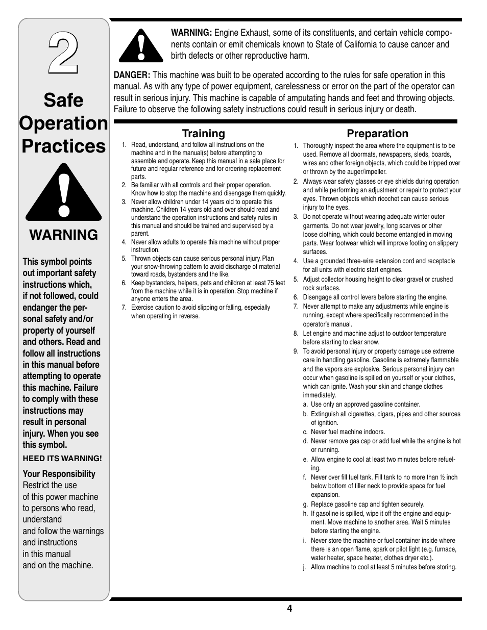 Safe operation practices, Warning, Training | Preparation | Troy-Bilt Two-Stage Snow Thrower User Manual | Page 4 / 52
