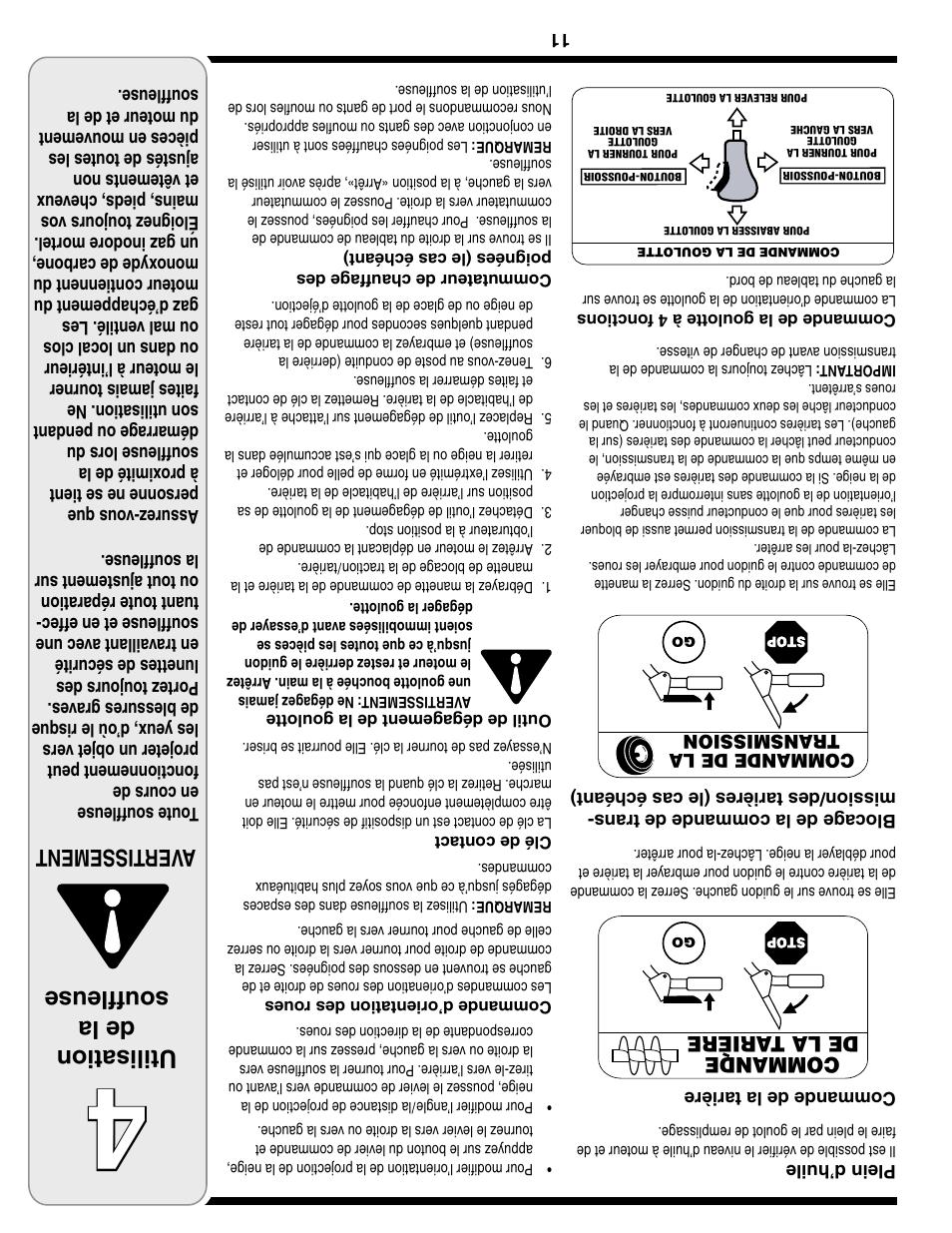Utilisation de la soufﬂeuse, Aver tissement | Troy-Bilt Two-Stage Snow Thrower User Manual | Page 42 / 52