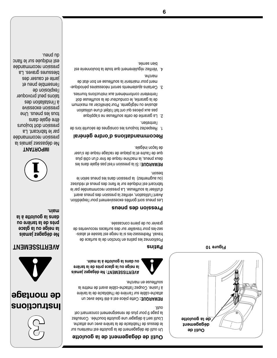 Ins tru ctio ns de mon tag e, Aver tissement | Troy-Bilt Two-Stage Snow Thrower User Manual | Page 44 / 52