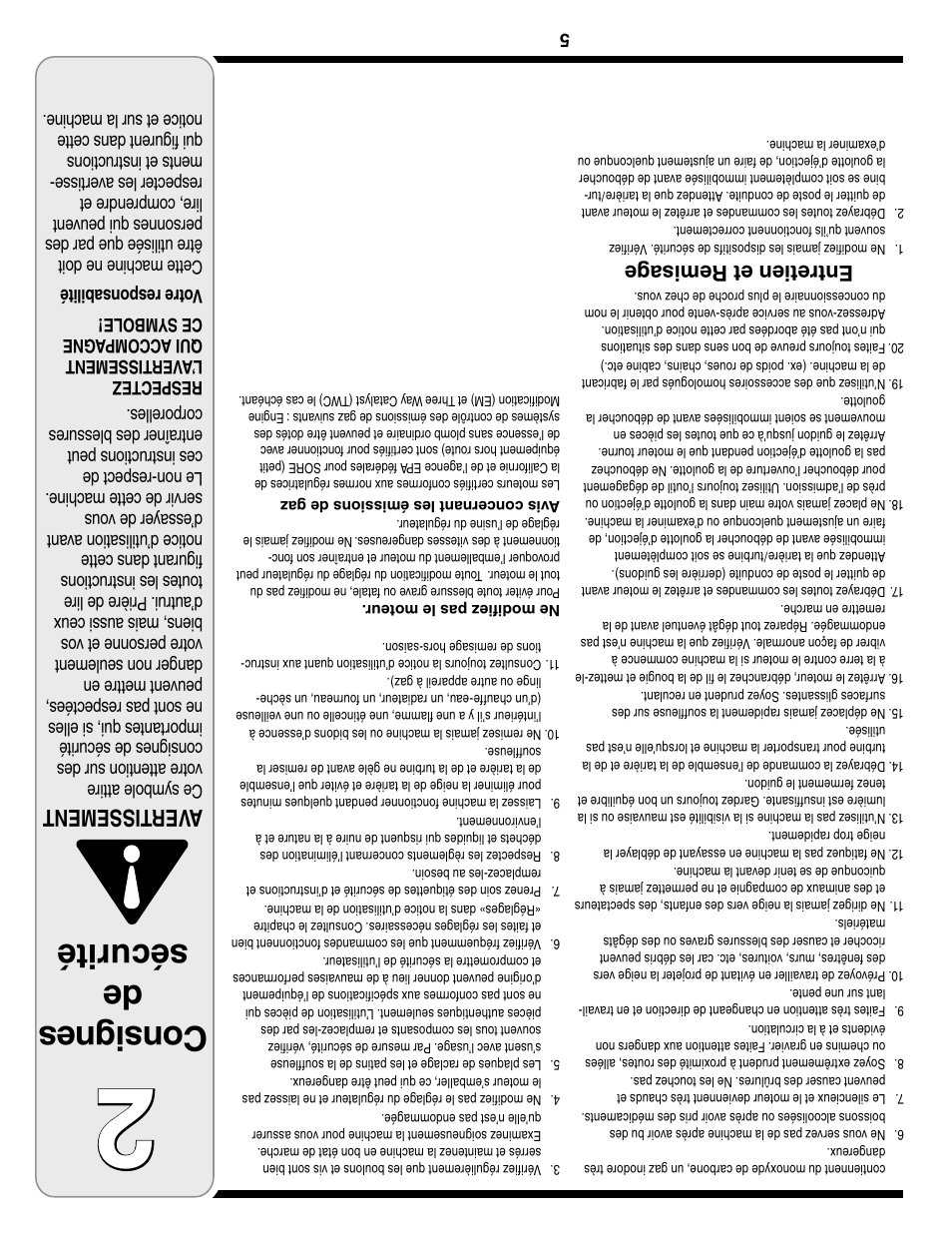 Con sig nes de sécurité, Aver tissement, Entretien et remisag e | Troy-Bilt Two-Stage Snow Thrower User Manual | Page 48 / 52