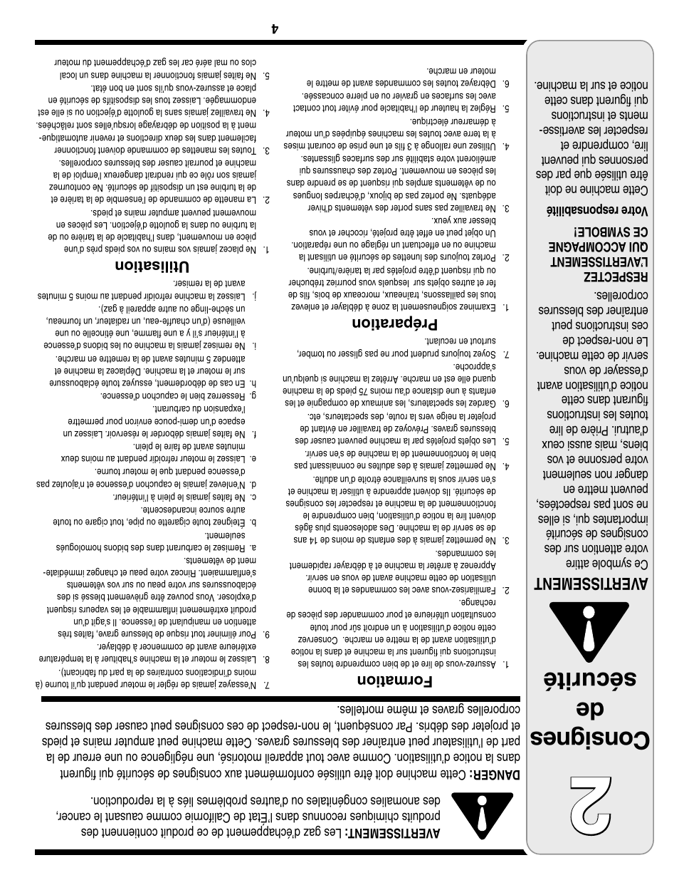 Con sig nes de sécurité, Aver tissement, Formation | Préparation, Utilisation | Troy-Bilt Two-Stage Snow Thrower User Manual | Page 49 / 52