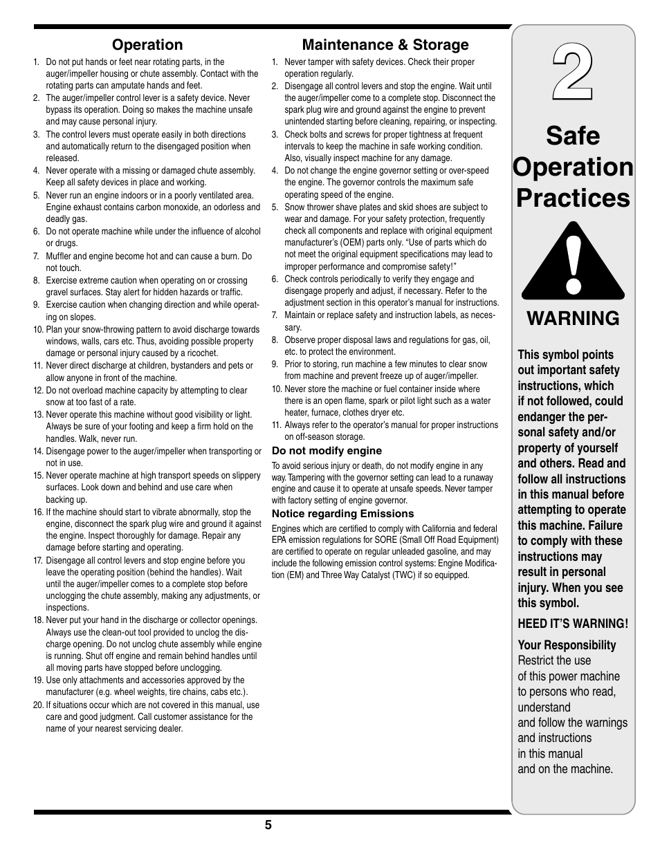 Safe operation practices, Warning, Operation | Maintenance & storage | Troy-Bilt Two-Stage Snow Thrower User Manual | Page 5 / 52