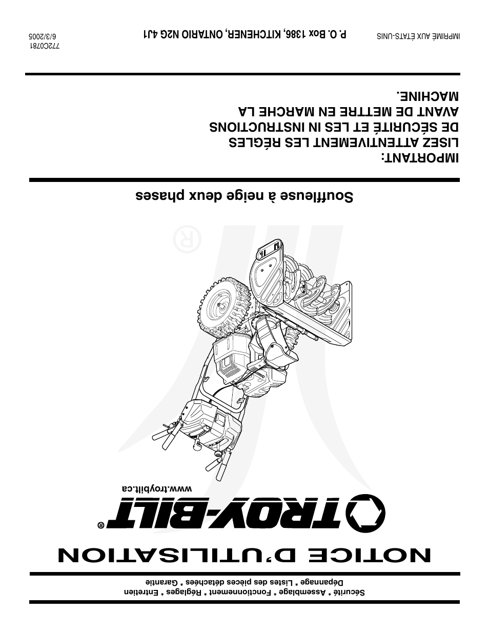 S saison, Notice d’utilisa tion, Soufﬂeuse à neige deux phases | Troy-Bilt Two-Stage Snow Thrower User Manual | Page 52 / 52