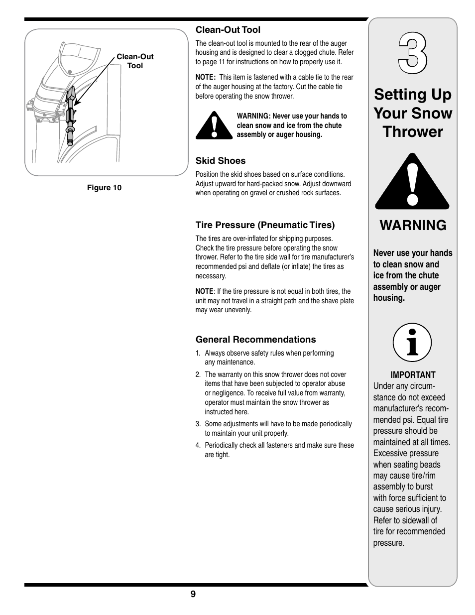 Setting up your snow thrower, Warning | Troy-Bilt Two-Stage Snow Thrower User Manual | Page 9 / 52