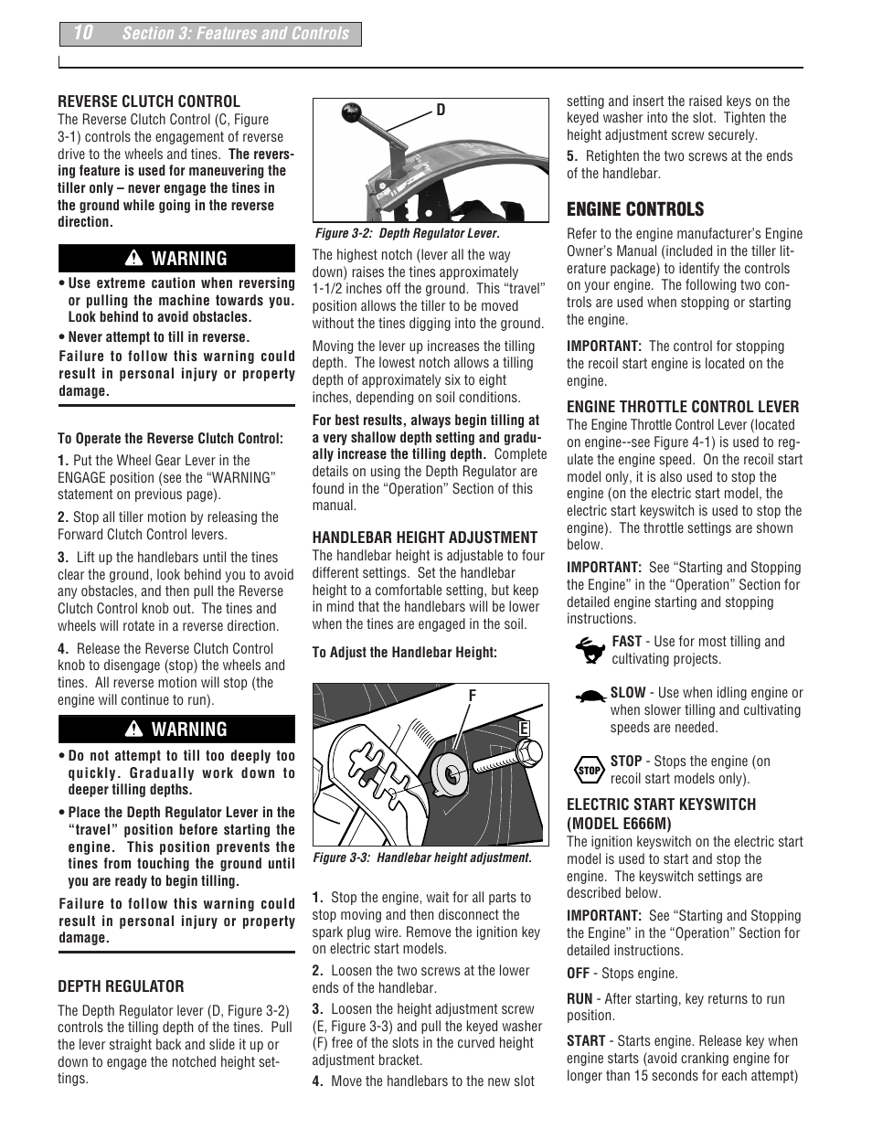 Engine controls, Warning | Troy-Bilt 664D User Manual | Page 10 / 44