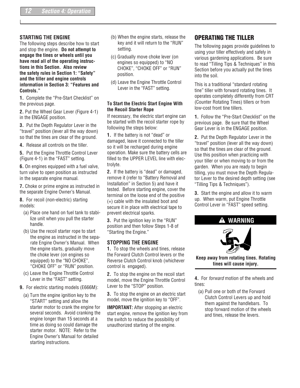 Operating the tiller, Warning | Troy-Bilt 664D User Manual | Page 12 / 44