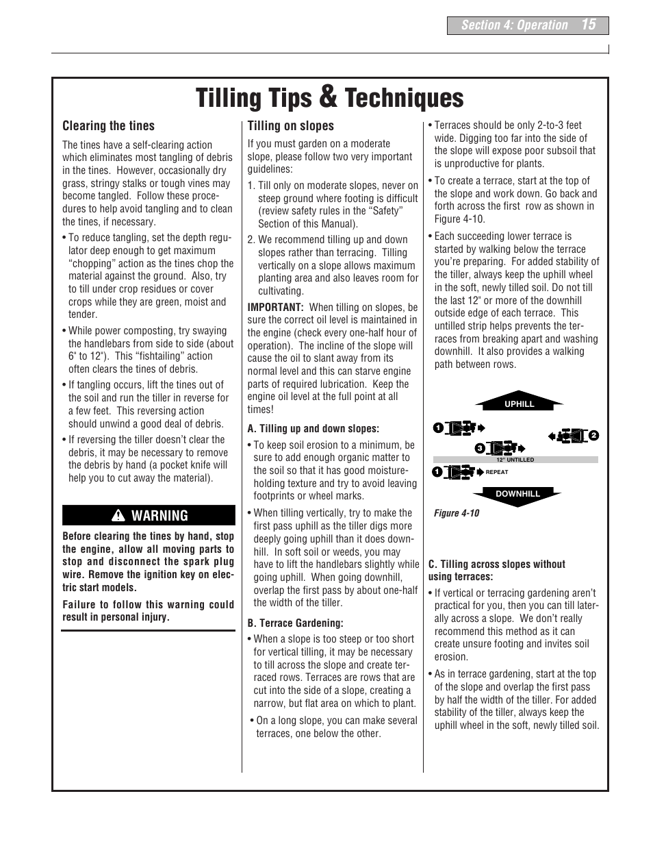 Tilling tips, Techniques, Warning | Troy-Bilt 664D User Manual | Page 15 / 44