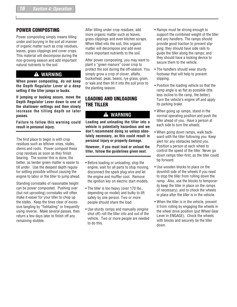 Power composting, Loading and unloading the tiller, Warning | Troy-Bilt 664D User Manual | Page 16 / 44