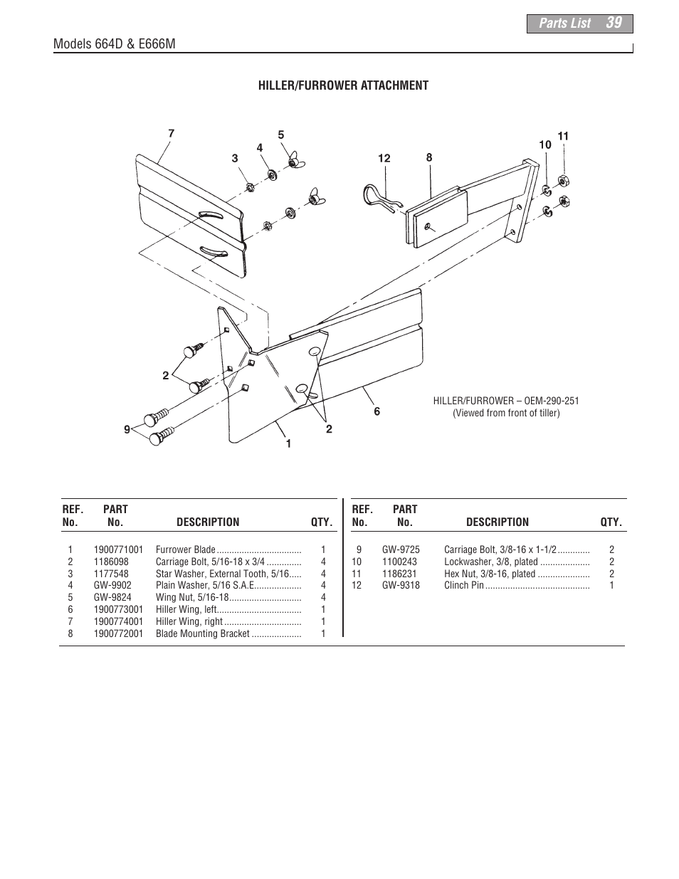 Parts list | Troy-Bilt 664D User Manual | Page 39 / 44