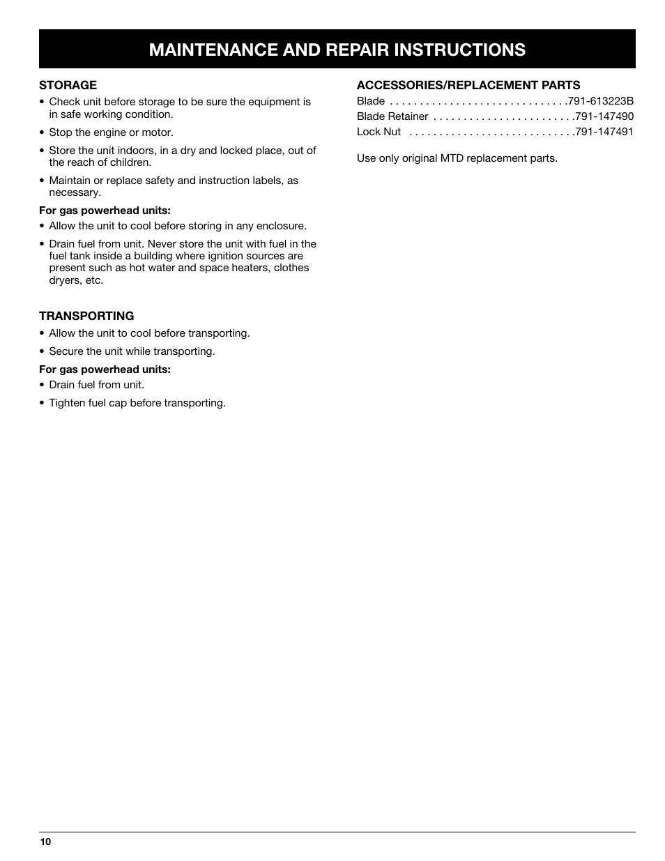 Maintenance and repair instructions | Troy-Bilt 769-02047 User Manual | Page 10 / 36