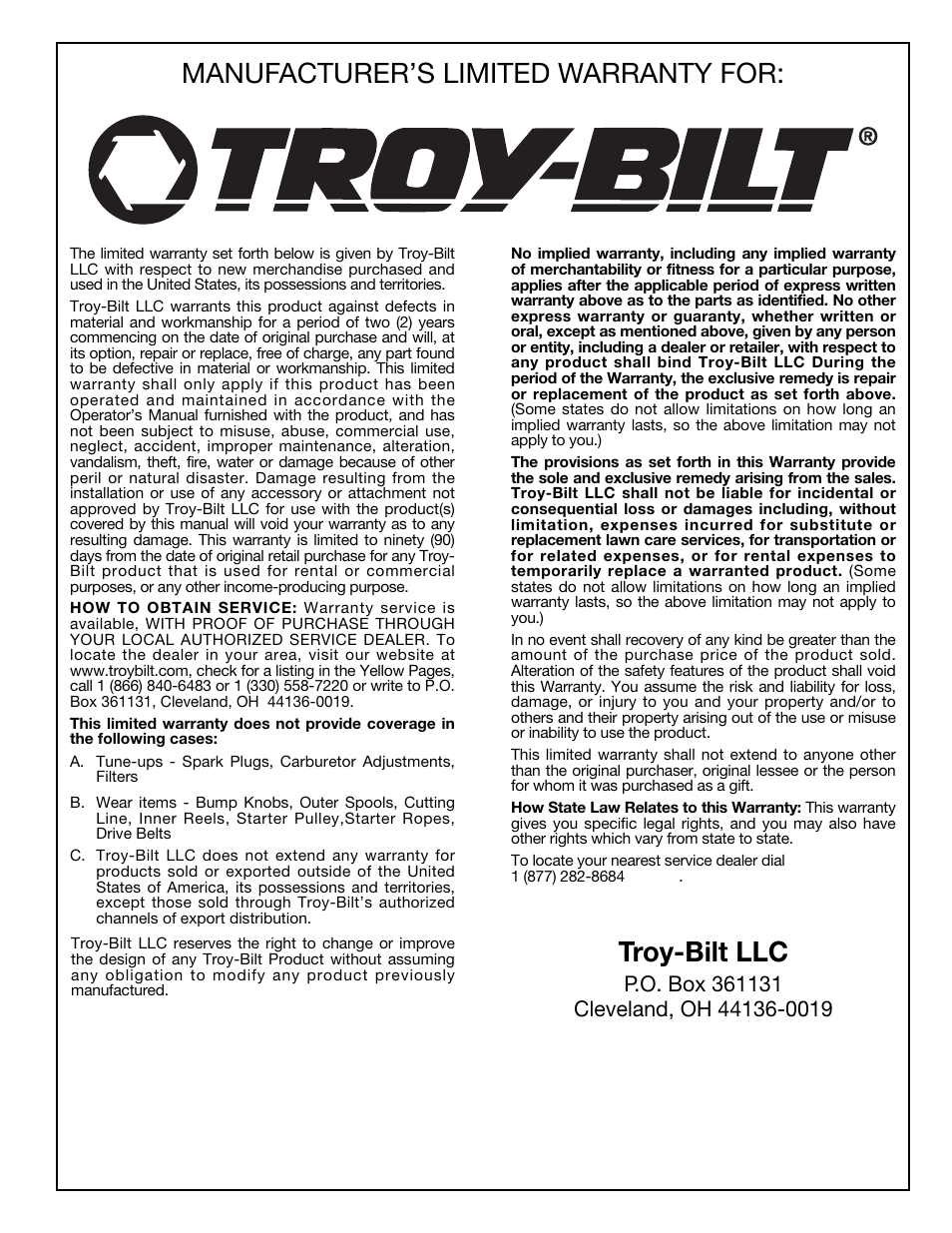 Manufacturer’s limited warranty for, Troy-bilt llc | Troy-Bilt 769-02047 User Manual | Page 12 / 36