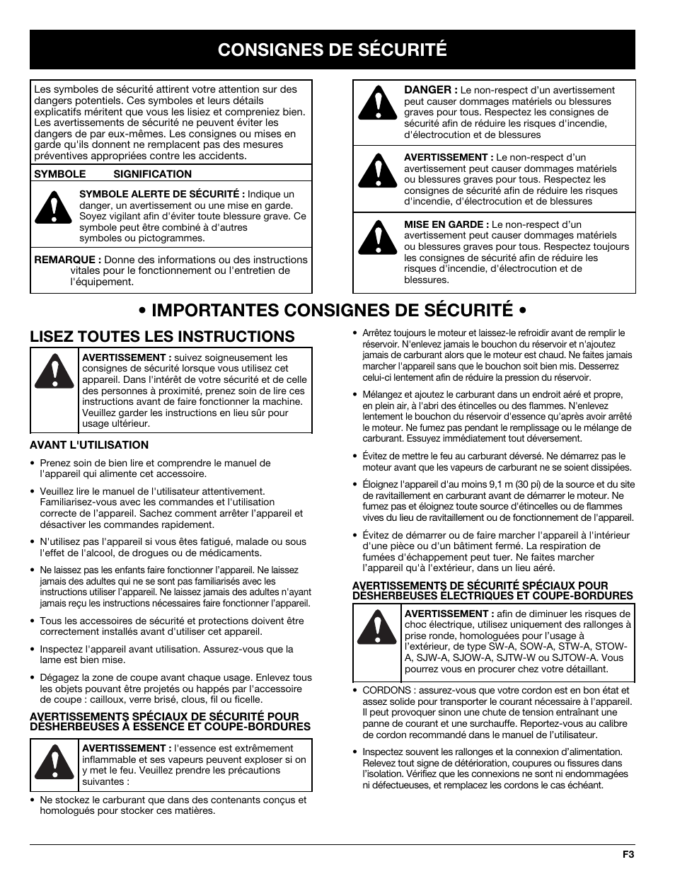 Importantes consignes de sécurité, Consignes de sécurité, Lisez toutes les instructions | Troy-Bilt 769-02047 User Manual | Page 15 / 36