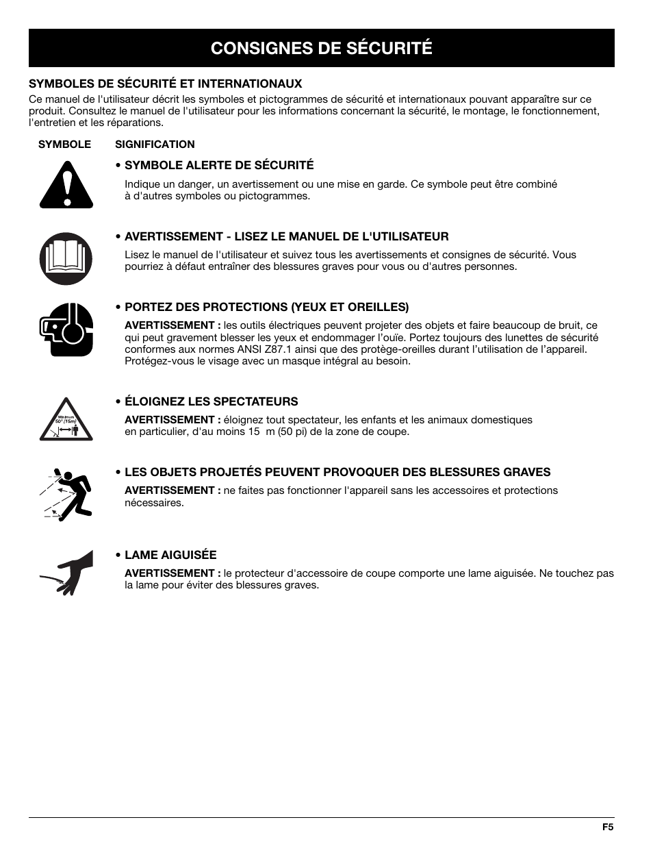 Consignes de sécurité | Troy-Bilt 769-02047 User Manual | Page 17 / 36