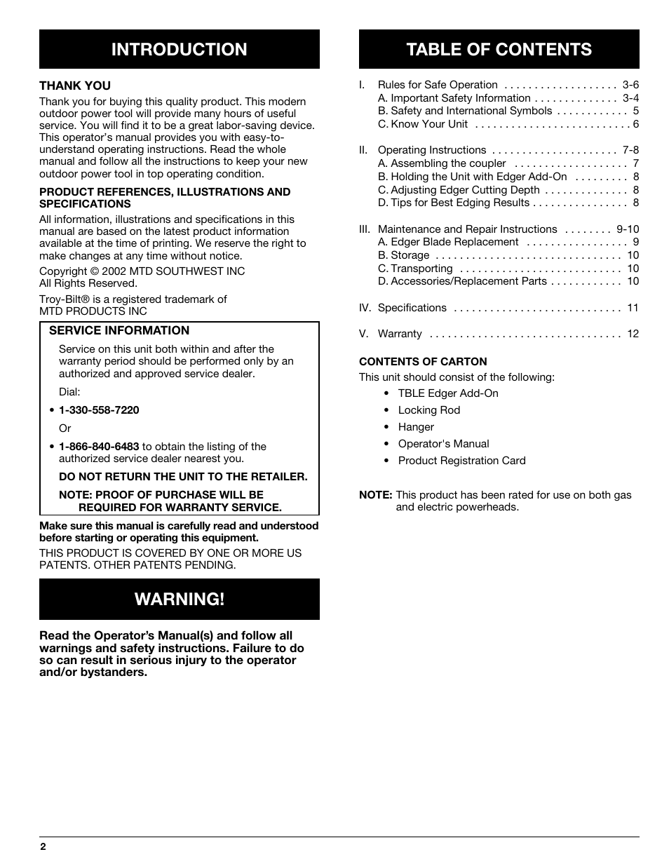 Introduction table of contents, Warning | Troy-Bilt 769-02047 User Manual | Page 2 / 36