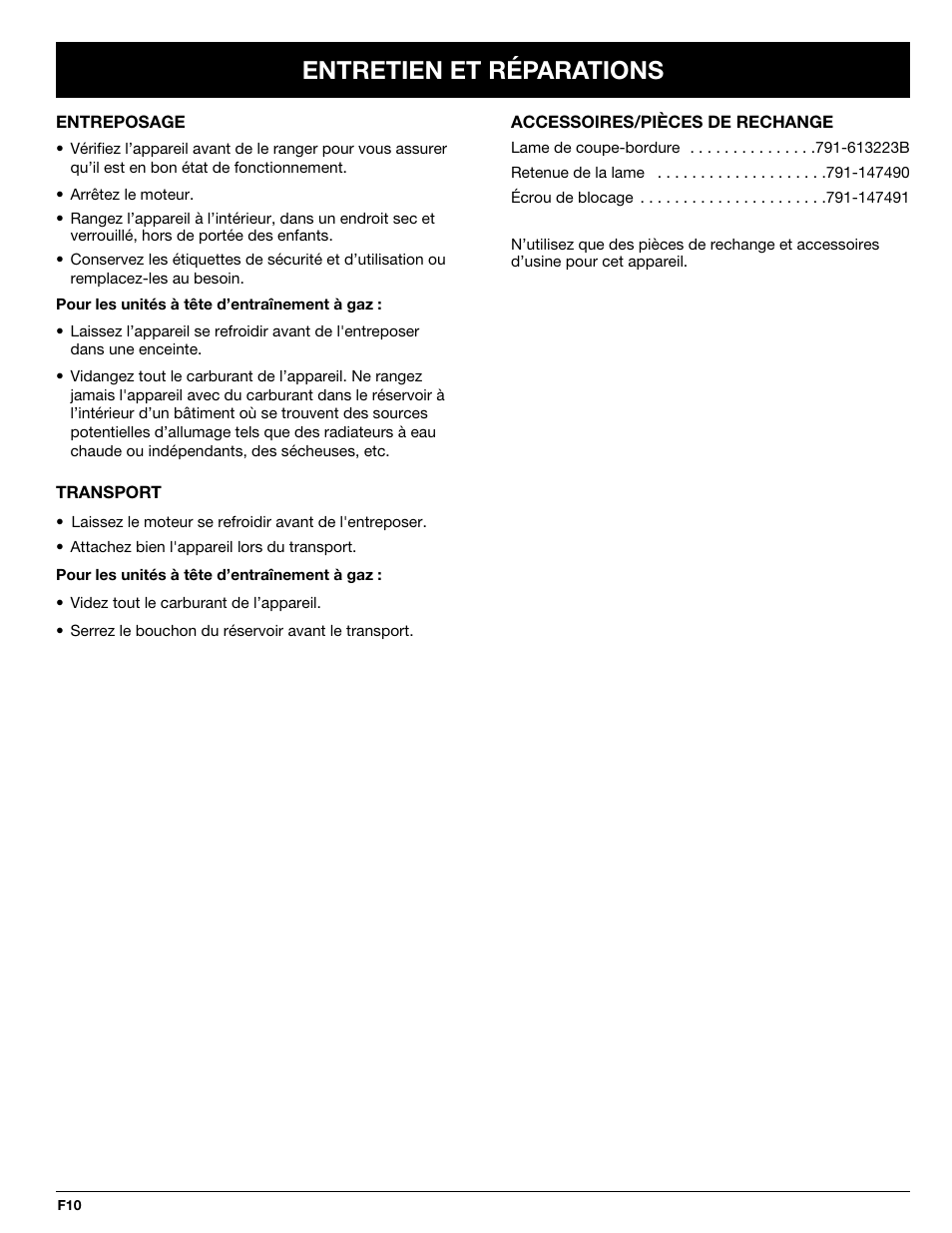 Entretien et réparations | Troy-Bilt 769-02047 User Manual | Page 22 / 36