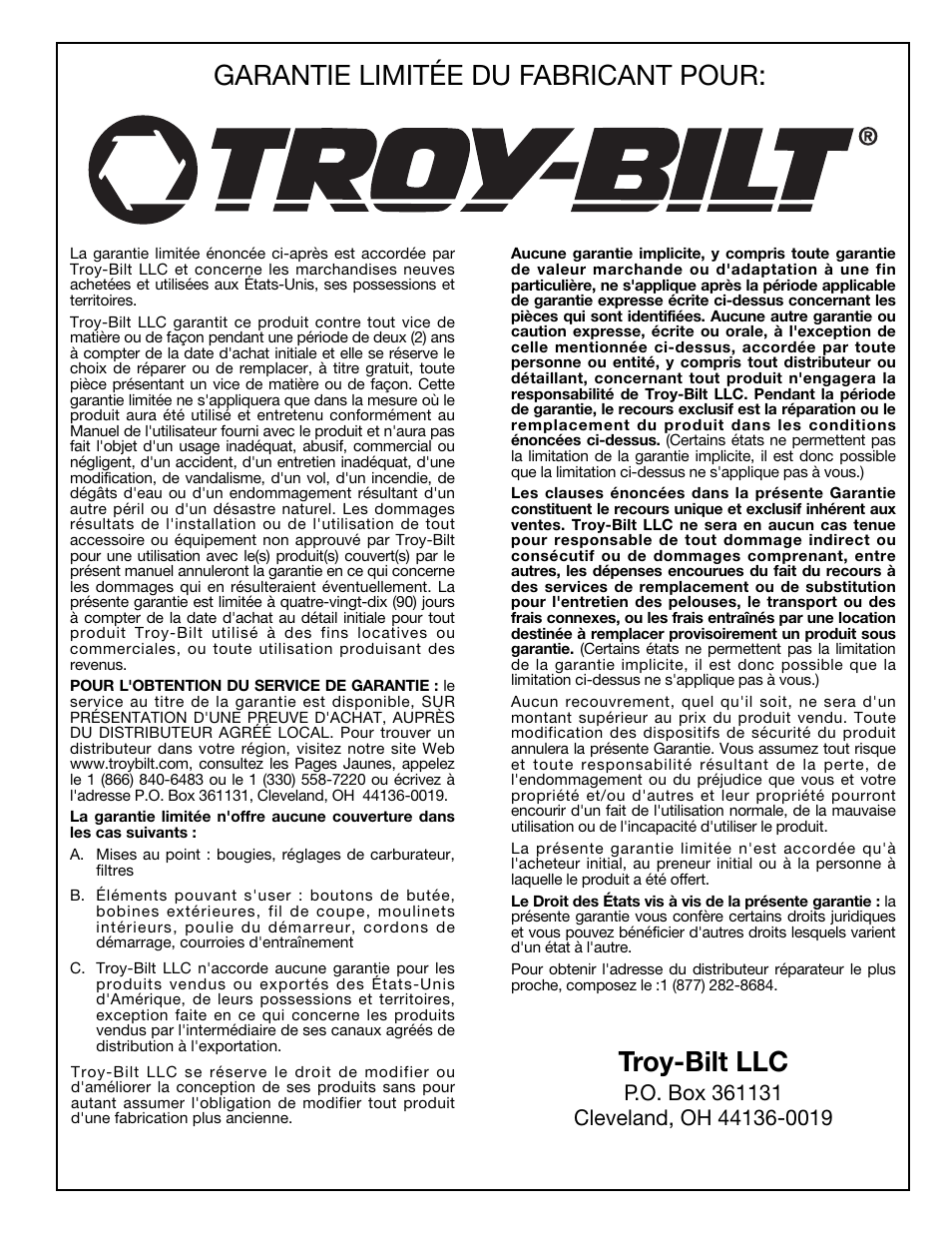 Garantie limitée du fabricant pour, Troy-bilt llc | Troy-Bilt 769-02047 User Manual | Page 24 / 36