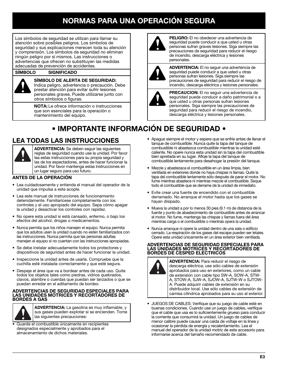 Importante información de seguridad, Normas para una operación segura, Lea todas las instrucciones | Troy-Bilt 769-02047 User Manual | Page 27 / 36