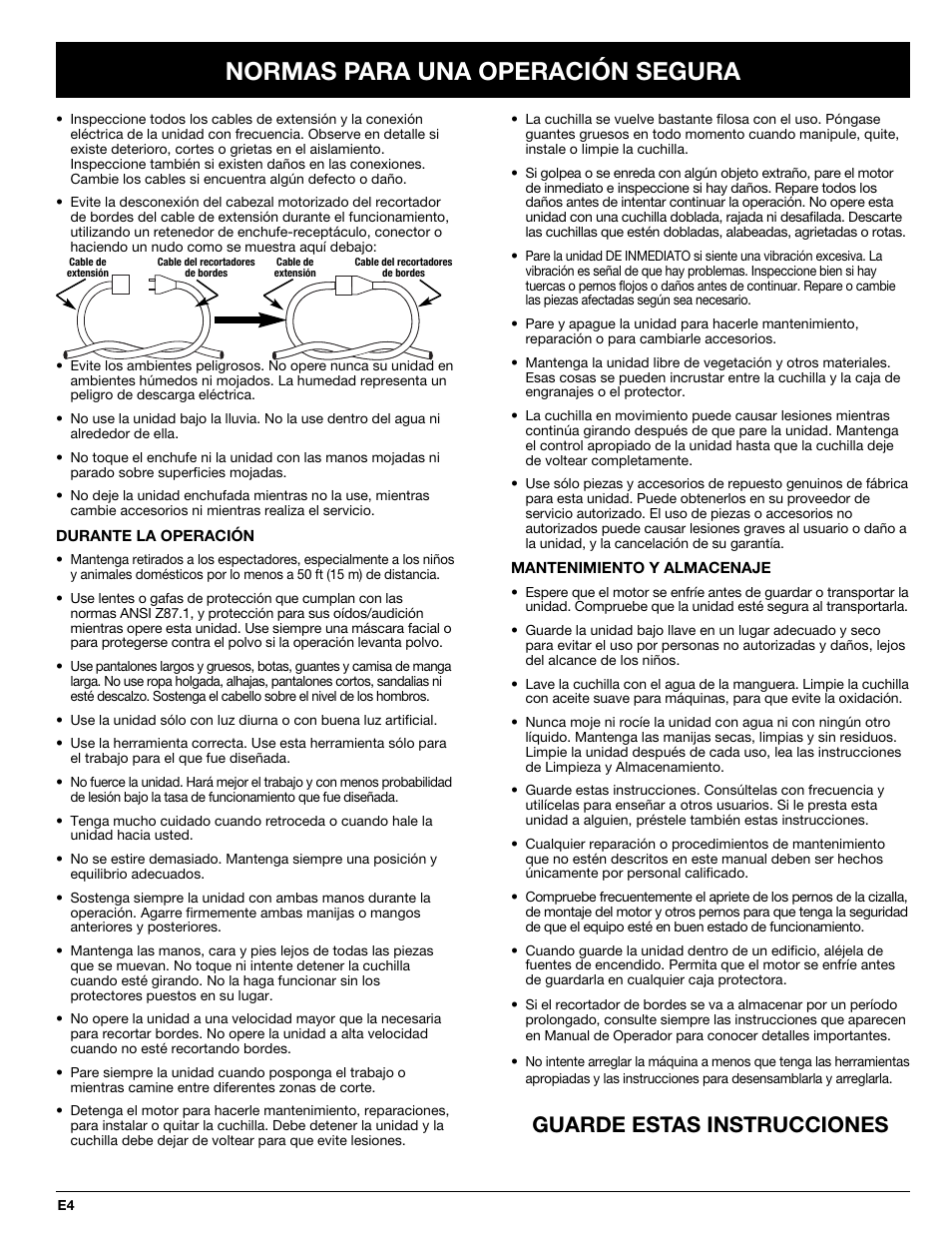 Normas para una operación segura, Guarde estas instrucciones | Troy-Bilt 769-02047 User Manual | Page 28 / 36