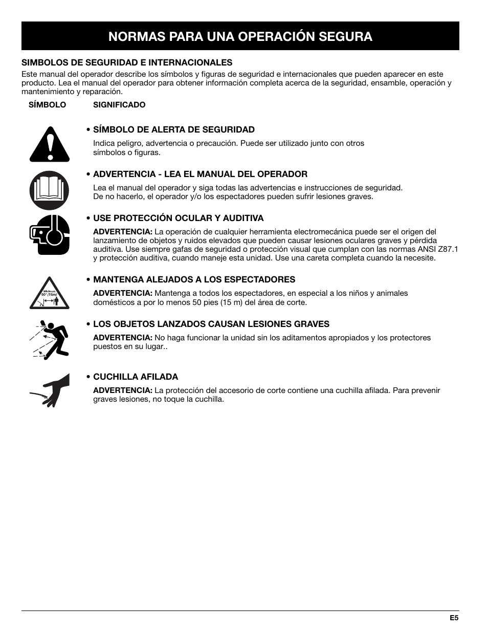 Normas para una operación segura | Troy-Bilt 769-02047 User Manual | Page 29 / 36